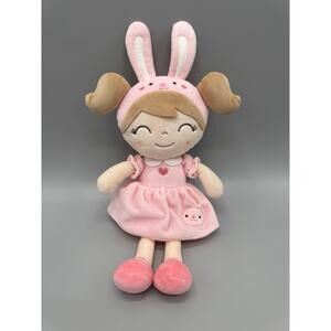 Gloveleya Baby Doll Girl Soft Plush Easter Bunny Ears Pink Dress 13”